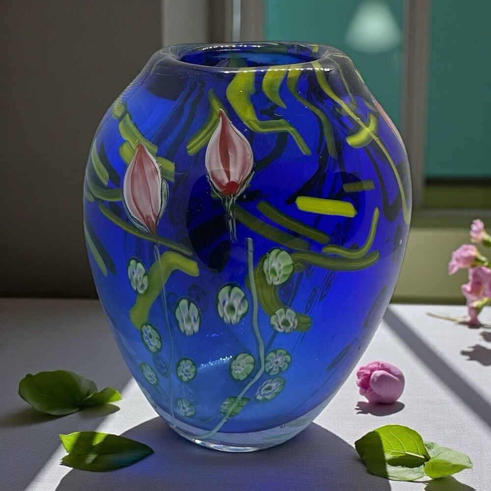Vintage Arthur Kusak Art Glass Millefiori Vase Cobalt Blue with Cased Flowers
